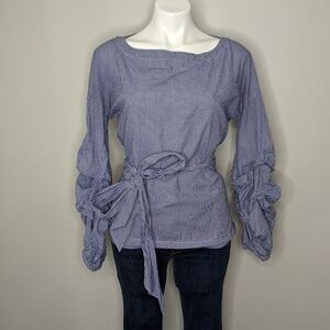 Max Jeans blue white ruched bubble sleeve top S